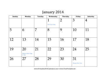 January 2014 Calendar Calendar