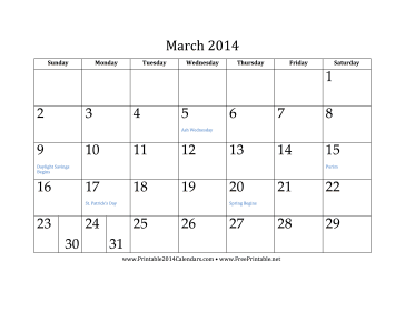 March 2014 Calendar Calendar