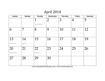 April 2014 Calendar Calendar