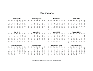 2014 Calendar on one page (horizontal) Calendar