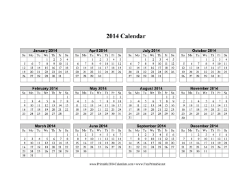 2014 Calendar (horizontal grid, descending) Calendar