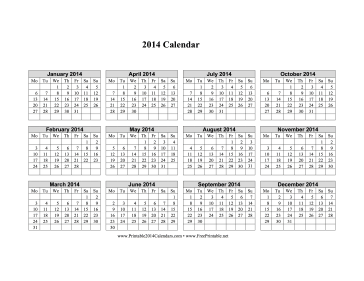 2014 Calendar on one page (horizontal, week starts on Monday) Calendar