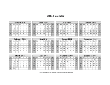2014 Calendar on one page (horizontal, shaded weekends) Calendar