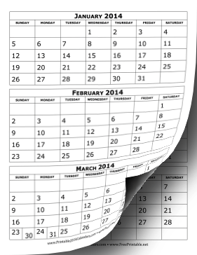 2014 Calendar Three Months Per Page Calendar