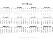 2014 Calendar (horizontal, descending, holidays in red) calendar