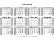 2014 Calendar on one page (horizontal, shaded weekends) calendar