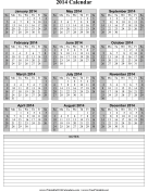 2014 Calendar on one page (vertical, shaded weekends, notes) calendar