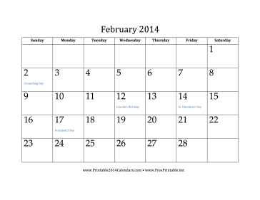 February 2014 Calendar Calendar