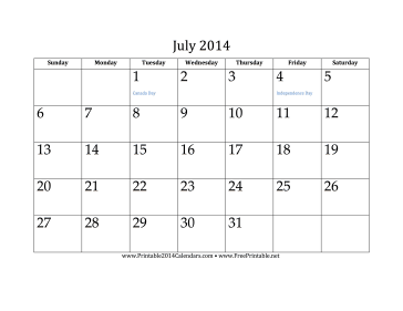 July 2014 Calendar Calendar