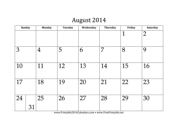 August 2014 Calendar Calendar