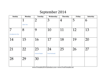 September 2014 Calendar Calendar