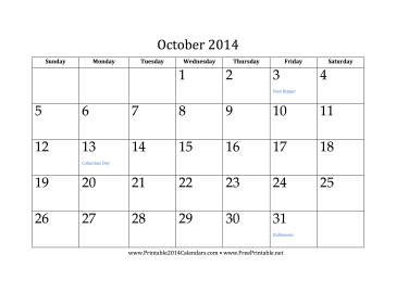 October 2014 Calendar Calendar