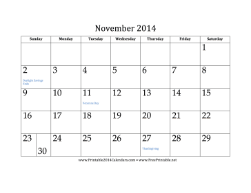 November 2014 Calendar Calendar