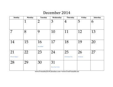 December 2014 Calendar Calendar