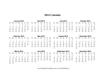 2014 Calendar (horizontal, descending) Calendar