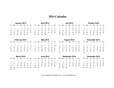 2014 Calendar (horizontal, descending, holidays in red) Calendar