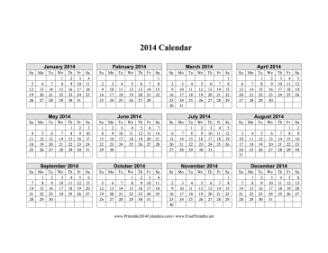 2014 Calendar on one page (horizontal grid) Calendar