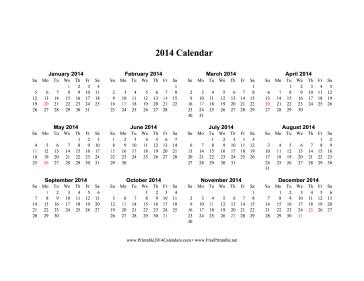 2014 Calendar on one page (horizontal, holidays in red) Calendar