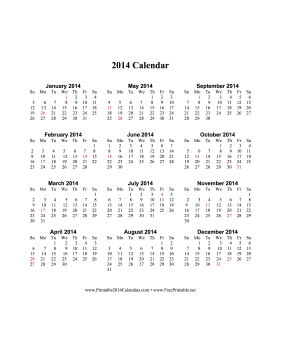 2014 Calendar (vertical, descending, holidays in red) Calendar
