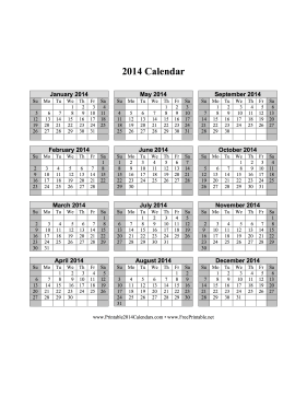 2014 Calendar on one page (vertical, shaded weekends) Calendar