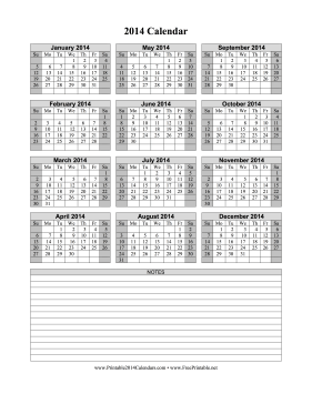 2014 Calendar on one page (vertical, shaded weekends, notes) Calendar