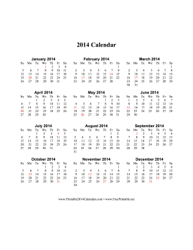 2014 Calendar on one page (vertical, holidays in red) Calendar