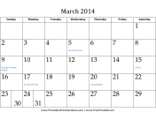 March 2014 Calendar calendar