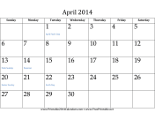 April 2014 Calendar calendar