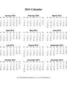 2014 Calendar on one page (vertical, holidays in red) calendar